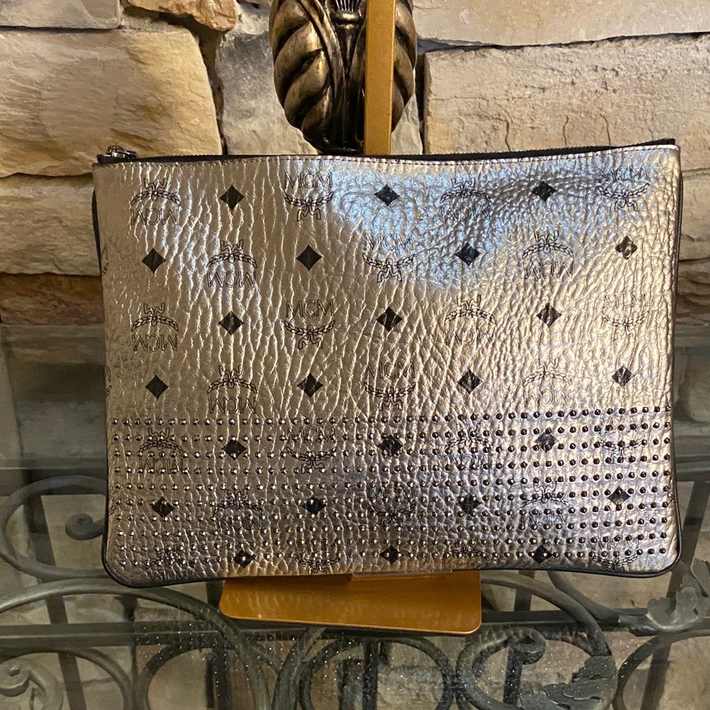 MCM Metallic Gold Clutch with Black Accents - Picture 1 of 11